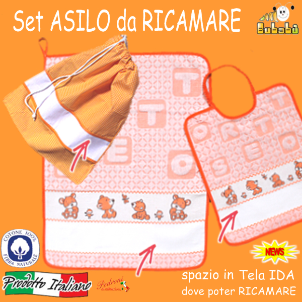 DA RICAMARE Set asilo 3 pezzi COM116-ORSETTO Bianco/Arancio