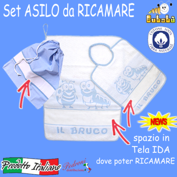DA RICAMARE Set asilo 3 pezzi COM219-BRUCO Bianco/Cielo