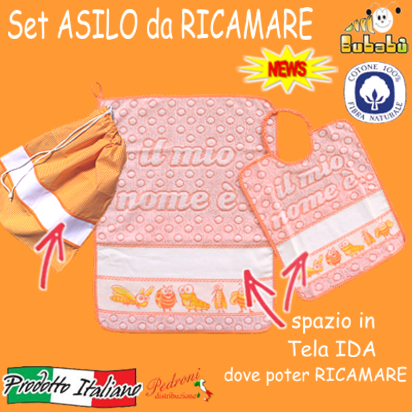 DA RICAMARE Set asilo 3 pezzi COM235-"IL MIO NOME" Bianco/Aranci