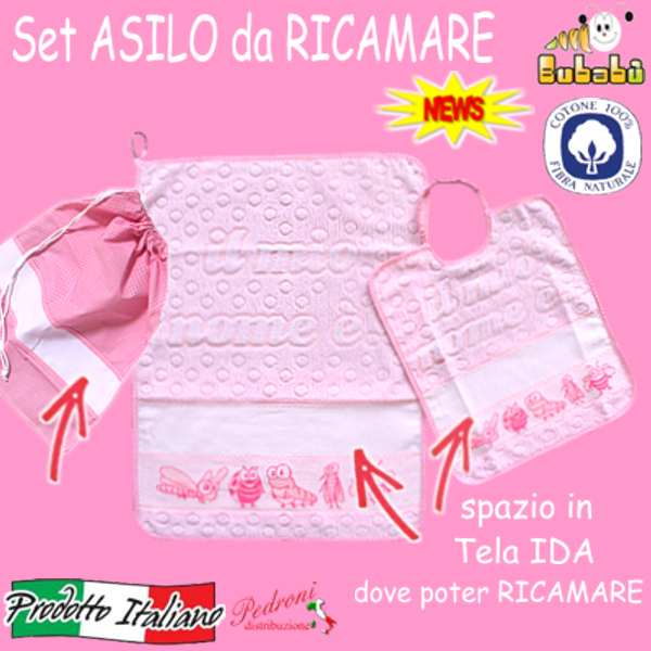DA RICAMARE Set asilo 3 pezzi COM235-"IL MIO NOME" Bianco/Rosa
