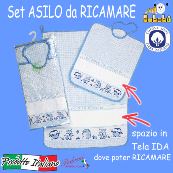 DA RICAMARE Set asilo 2 pezzi COM275-BOSCO Bianco/Cielo