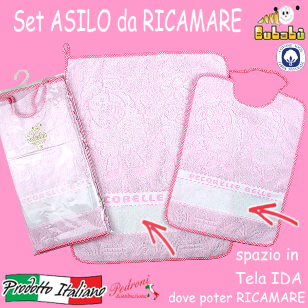 DA RICAMARE Set asilo 2 pezzi COM355-PECORELLE Bianco/Rosa