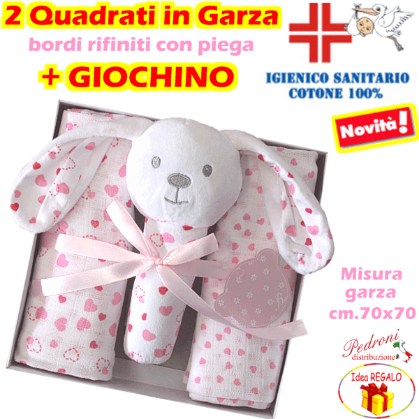 # Confezione REGALO # QUADRATO GARZA+GIOCHINO B433 Bianco/Rosa