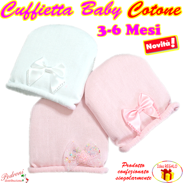 *PRIMAVERA* Cuffietta BABY in COTONE 3/6 Mesi 7725-29 Bianc/Rosa