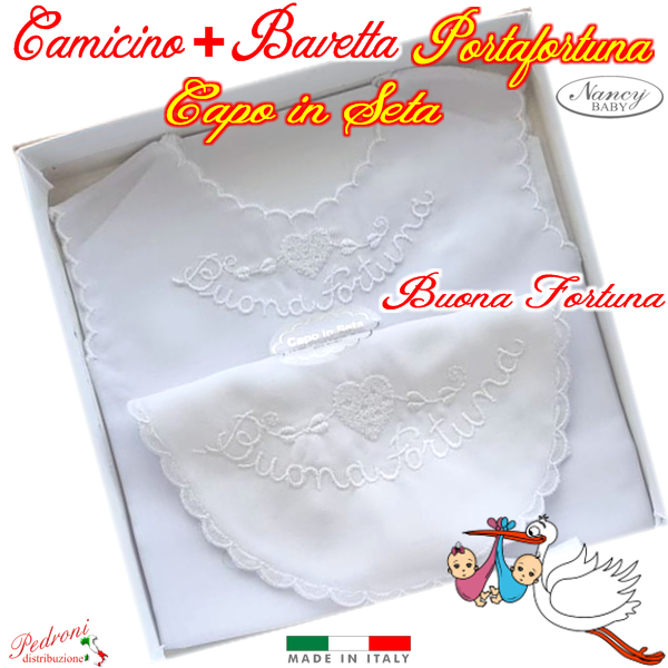 *PORTAFORTUNA* Camicino+Bavetta in SETA RICAMATA art.128 Bianco