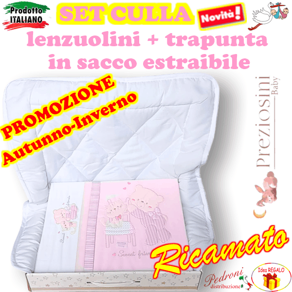 *PROMOZIONE* SET CULLA con TRAPUNTINO PRCC327 Bianco/Rosa