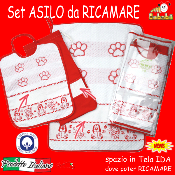 DA RICAMARE Set asilo 3 pezzi COM267-ZAMPA Bianco/Rosso