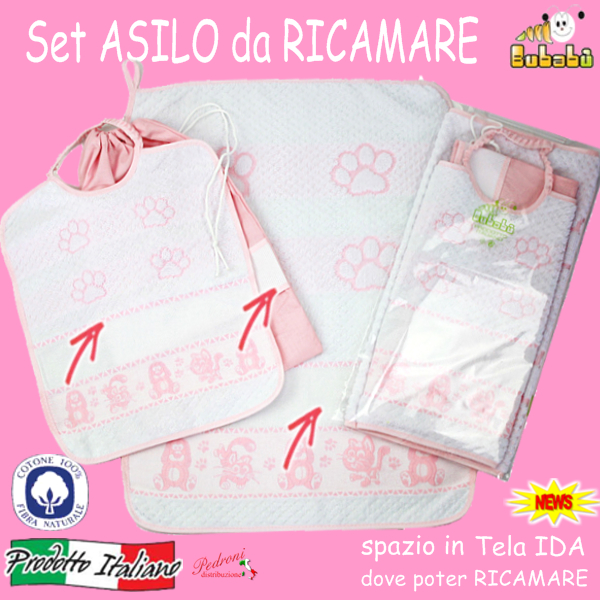 DA RICAMARE Set asilo 3 pezzi COM267-ZAMPA Bianco/Rosa