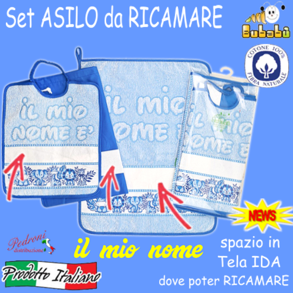 DA RICAMARE Set asilo 3 pezzi COM246-SAFARI Azzurro DA RICAMARE Set asilo 3 pezzi COM246-SAFARI Azzurro