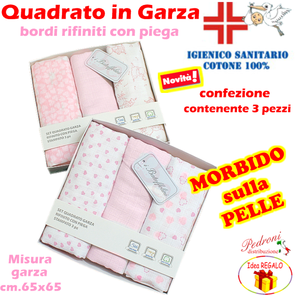 QUADRATO in GARZA di COTONE SANITARIO art.B316-4-5 Bianco/Rosa
