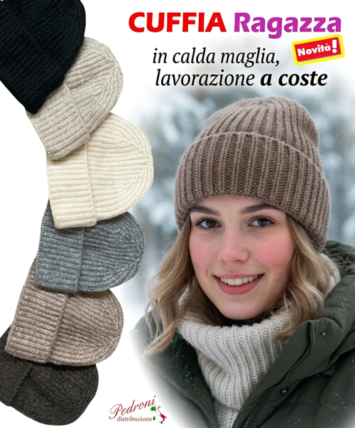 CUFFIA RAGAZZA modello a coste con risvolto art.BF-7073-A CUFFIA RAGAZZA modello a coste con risvolto art.BF-7073-A