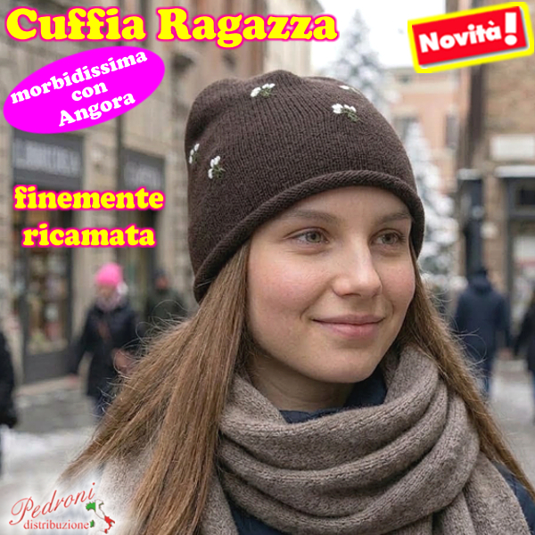 CUFFIA RAGAZZA modello lavorato con " RICAMI " art.BF-7118 Coffee CUFFIA RAGAZZA modello lavorato con " RICAMI " art.BF-7118 Coffee