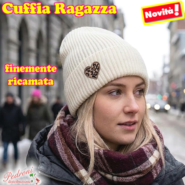 CUFFIA RAGAZZA modello lavorato con "RICAMO CUORE " art.BF-7134 White CUFFIA RAGAZZA modello lavorato con "RICAMO CUORE " art.BF-7134 White