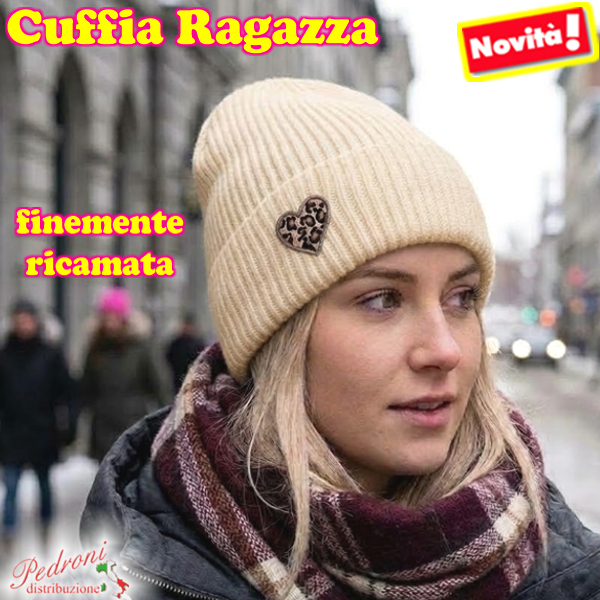 CUFFIA RAGAZZA modello lavorato con "RICAMO CUORE " art.BF-7134 Beige CUFFIA RAGAZZA modello lavorato con "RICAMO CUORE " art.BF-7134 Beige