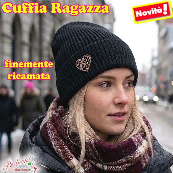 CUFFIA RAGAZZA modello lavorato con "RICAMO CUORE " art.BF-7134 Black CUFFIA RAGAZZA modello lavorato con "RICAMO CUORE " art.BF-7134 Black