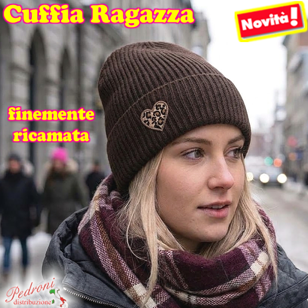 CUFFIA RAGAZZA modello lavorato con "RICAMO CUORE " art.BF-7134 Coffee CUFFIA RAGAZZA modello lavorato con "RICAMO CUORE " art.BF-7134 Coffee