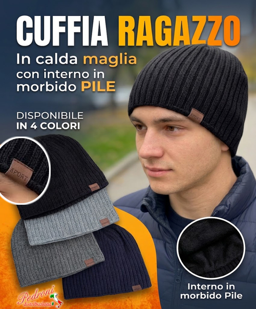 CUFFIA Ragazzo in MAGLIA A COSTE interno PILE art.CA-4075 Ass. CUFFIA Ragazzo in MAGLIA A COSTE interno PILE art.CA-4075 Ass.