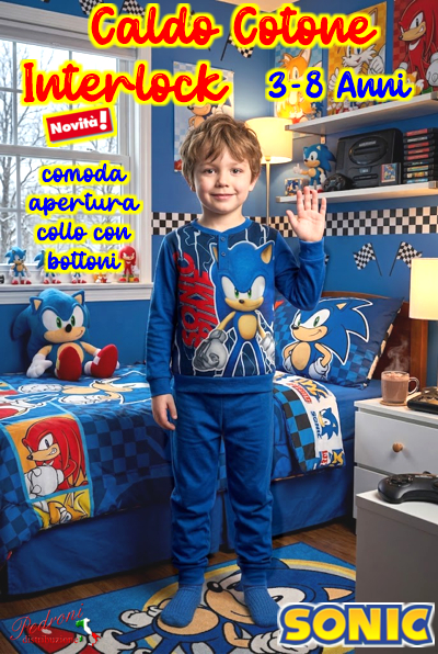 *PROMO INTERLOCK* SONIC Pigiama Caldo Cotone 3/8 Anni SC2122 Bluette
