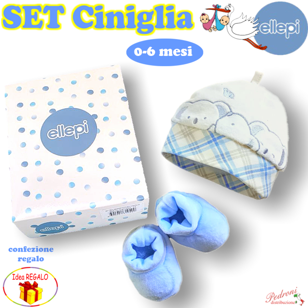 *ELLEPI* Cuffia+Babbuccia CINIGLIA BH7914 0/6 Mesi Bco/Azzurro