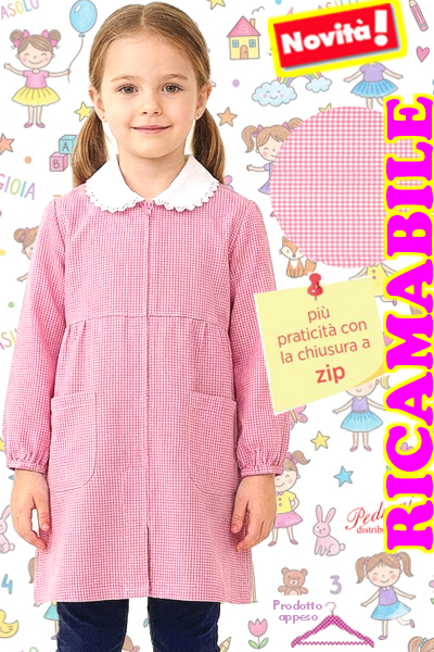 *RICAMABILE* Grembiule ASILO bambina BM-009 Bianco/Rosa Tg.45/65