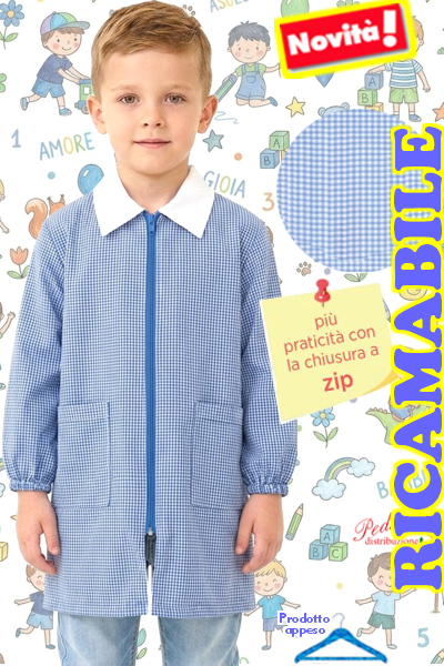 *RICAMABILE* Grembiule ASILO bambino BM-032 Bianc/Cielo Tg.45/65
