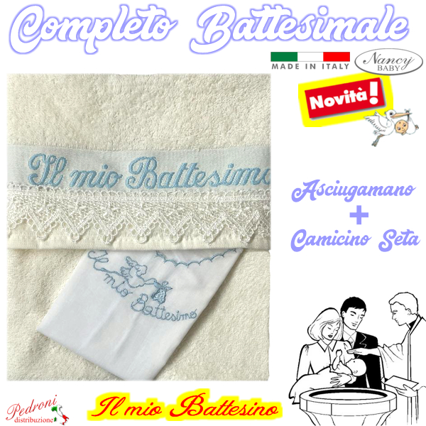 *COMPLETO BATTESIMALE* Asciugamano+Camicino art.802 Seta/CIELO