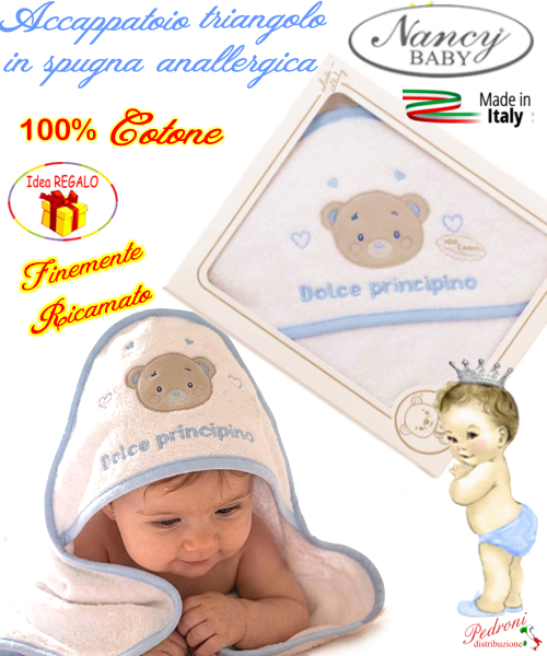 *DOLCE PRINCIPINO* Baby accappatoio TRIANGOLO spugna RICAMATO 458/3 Bianco/Cielo