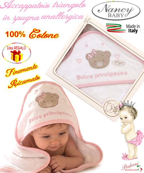 *DOLCE PRINCIPESSA* Baby accappatoio TRIANGOLO spugna RICAMATO 458/3 Bianco/Rosa