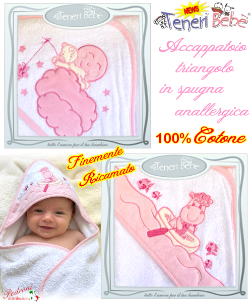 Baby accappatoio TRIANGOLO spugna RICAMATO 1914-1919 Bianco/Rosa Baby accappatoio TRIANGOLO spugna RICAMATO 1914-1919 Bianco/Rosa