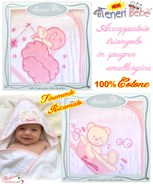 Baby accappatoio TRIANGOLO spugna RICAMATO 1919-1927 Bianco/Rosa Baby accappatoio TRIANGOLO spugna RICAMATO 1919-1927 Bianco/Rosa