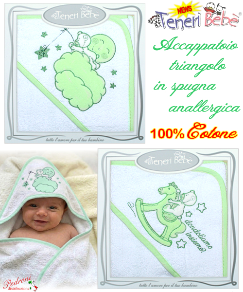 Baby accappatoio TRIANGOLO spugna RICAMATO 1915-1919 Bianco/Verd Baby accappatoio TRIANGOLO spugna RICAMATO 1915-1919 Bianco/Verd