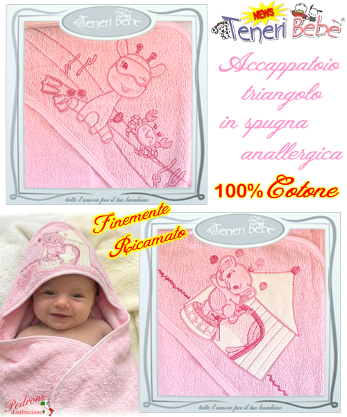 Baby accappatoio TRIANGOLO spugna RICAMATO 1911-1918 Fondo ROSA Baby accappatoio TRIANGOLO spugna RICAMATO 1911-1918 Fondo ROSA