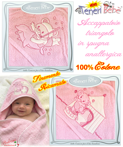 Baby accappatoio TRIANGOLO spugna RICAMATO 1911-1932 Fondo ROSA Baby accappatoio TRIANGOLO spugna RICAMATO 1911-1932 Fondo ROSA