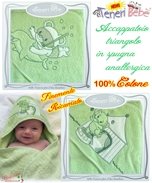 Baby accappatoio TRIANGOLO spugna RICAMATO 1911-1932 Fondo VERDE Baby accappatoio TRIANGOLO spugna RICAMATO 1911-1932 Fondo VERDE