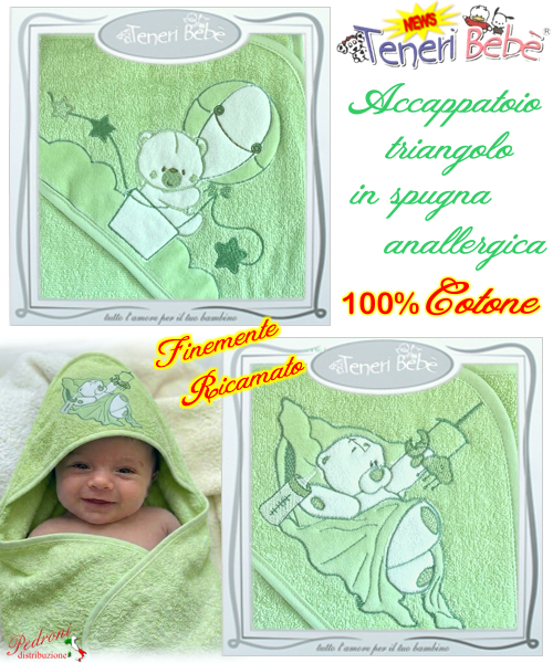Baby accappatoio TRIANGOLO spugna RICAMATO 1917-1928 Fondo VERDE Baby accappatoio TRIANGOLO spugna RICAMATO 1917-1928 Fondo VERDE