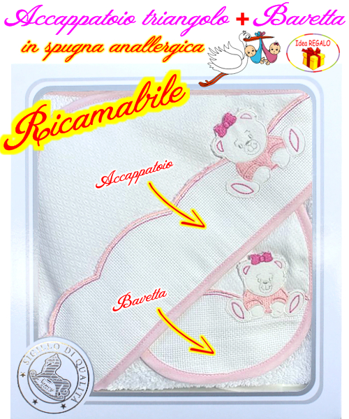 * RICAMABILE * Baby TRIANGOLO+BAVETTA 1906/F Bianco/Rosa * RICAMABILE * Baby TRIANGOLO+BAVETTA 1906/F Bianco/Rosa