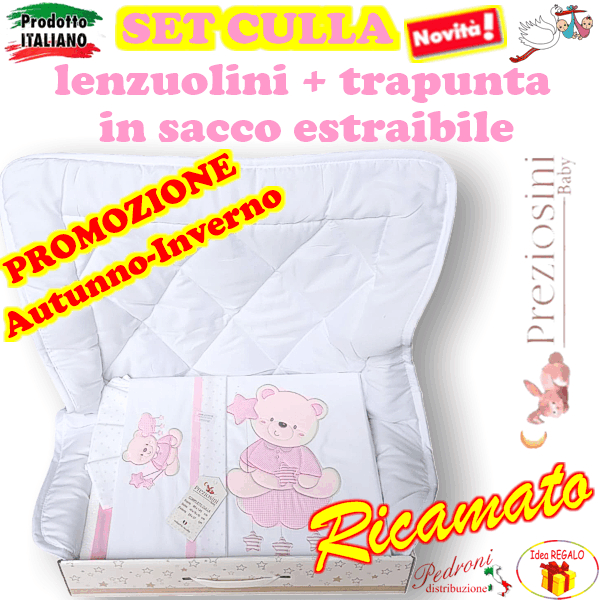 *PROMOZIONE* SET CULLA con TRAPUNTINO PRCC324 Bianco/Rosa