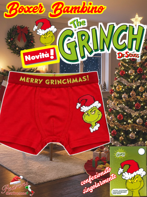 *NATALE GRINCH* BOXER bambino COTONE elasticizzato GRI2328 4/10 Anni