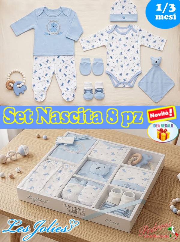 * LES JOLIES * SET NASCITA composto da 8 pezzi LJ3592 CIELO Tg.1/3 Mesi