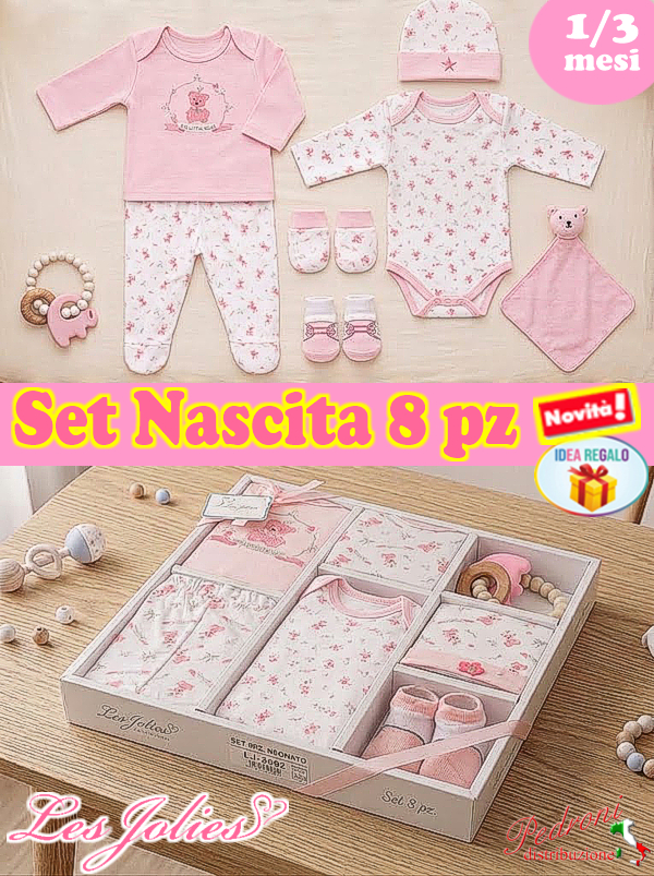* LES JOLIES * SET NASCITA composto da 8 pezzi LJ3592 ROSA Tg.1/3 Mesi