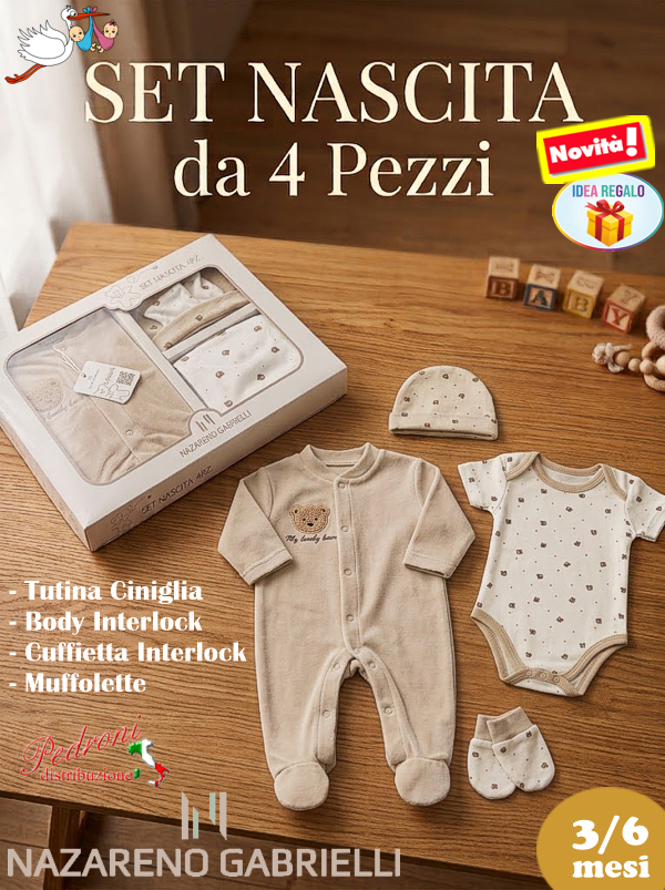 *NAZARENO GABRIELLI* SET REGALO NASCITA 4 pz. NG3590 BEIGE Tg.3/6 Mesi
