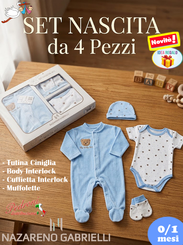 *NAZARENO GABRIELLI* SET REGALO NASCITA 4 pz. NG3590 CIELO Tg.0/1 Mesi