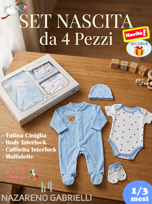 *NAZARENO GABRIELLI* SET REGALO NASCITA 4 pz. NG3590 CIELO Tg.1/3 Mesi