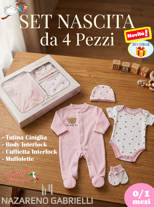 *NAZARENO GABRIELLI* SET REGALO NASCITA 4 pz. NG3590 ROSA Tg.0/1 Mesi