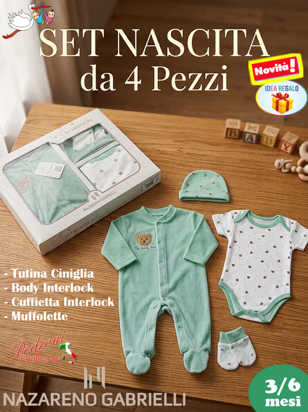 *NAZARENO GABRIELLI* SET REGALO NASCITA 4 pz. NG3590 GREEN Tg.3/6 Mesi