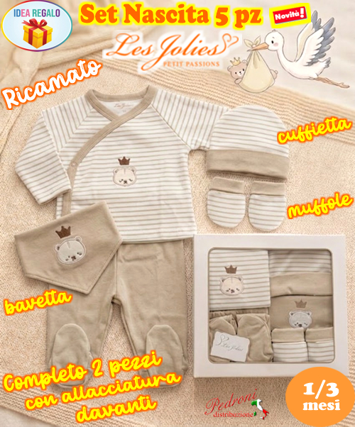 * LES JOLIES * Set Nascita 5 pz. LJ3591 Beige Tg.1/3 Mesi DIS.2