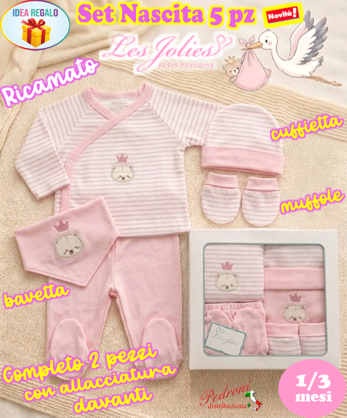 * LES JOLIES * Set Nascita 5 pz. LJ3591 Rosa Tg.1/3 Mesi DIS.2
