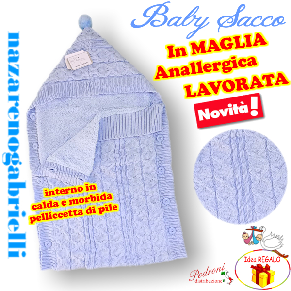 *NOVITA'* Baby sacco in " CALDA MAGLIA LAVORATA " NG-5798 CIELO