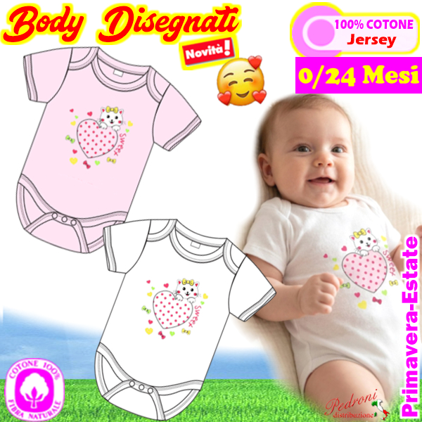 "Cuore Gattina" Body M/M Neonata in COTONE XNA-493 0/24 Mesi