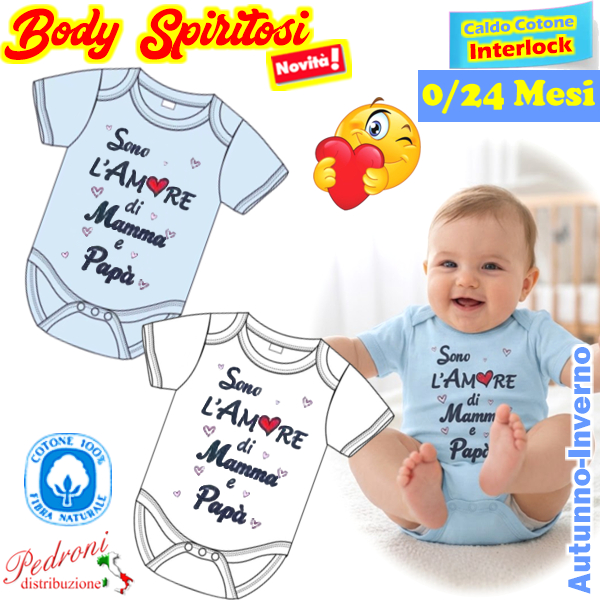*L'AMORE Mamma-Papa'* Body M/M CALDO COTONE Interlock 0/24 mesi XNO-134 *L'AMORE Mamma-Papa'* Body M/M CALDO COTONE Interlock 0/24 mesi XNO-134